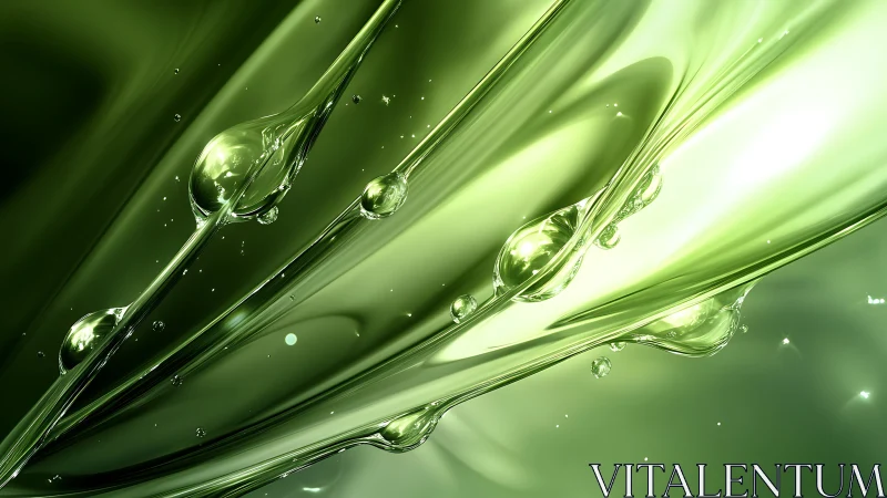 Emerald liquid ribbons stream with suspended crystal droplets.