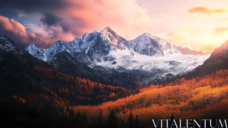 Snow peaks above blazing autumn forest at sunset.