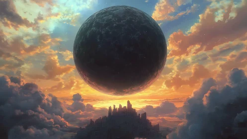 Colossal dark sphere looms over a luminous sunset cityscape