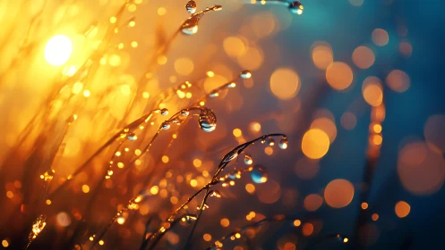 Backlit dew droplets on grass blades create warm bokeh field