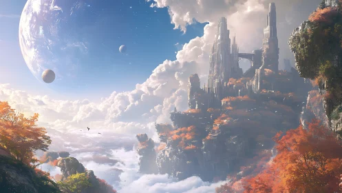 Majestic floating citadel under giant planet sky.