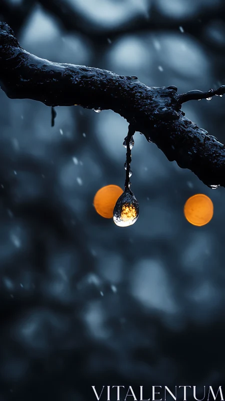 Macro raindrop on branch with amber bokeh lights at dusk.