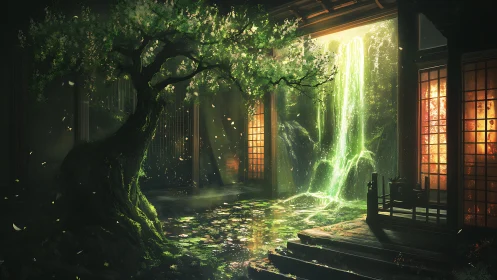 Moonlit koi of light pour through a temple&rsquo;s hidden veil