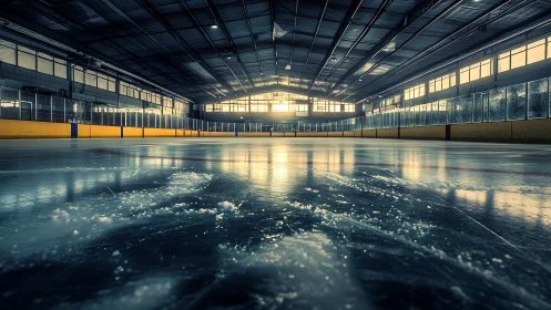 Sunlit rink hush and scraped ice waiting for first glide.