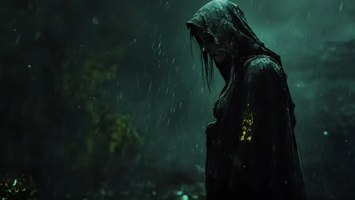 Hooded female figure in stormlit forest with emerald gloom.