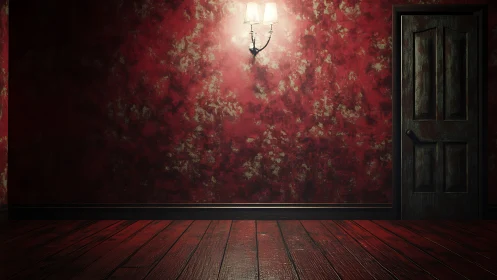 Textured crimson corridor with single lit sconce and door.