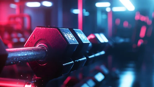 Hex dumbbell in neon lit gym interior shows close surface detail