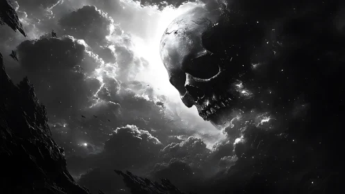 Brooding cosmic skull emerges gently from stormlit clouds