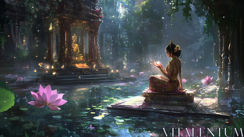 Lotus pond meditation before golden temple shrine at dusk.