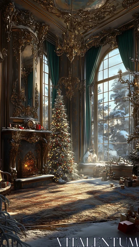 Ornate winter salon interior with decorated Christmas tree.