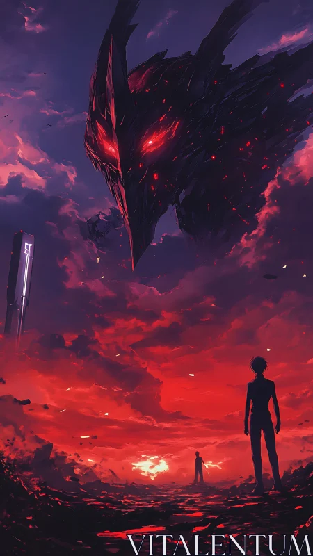 Colossal dark entity looms over two figures at dusk.