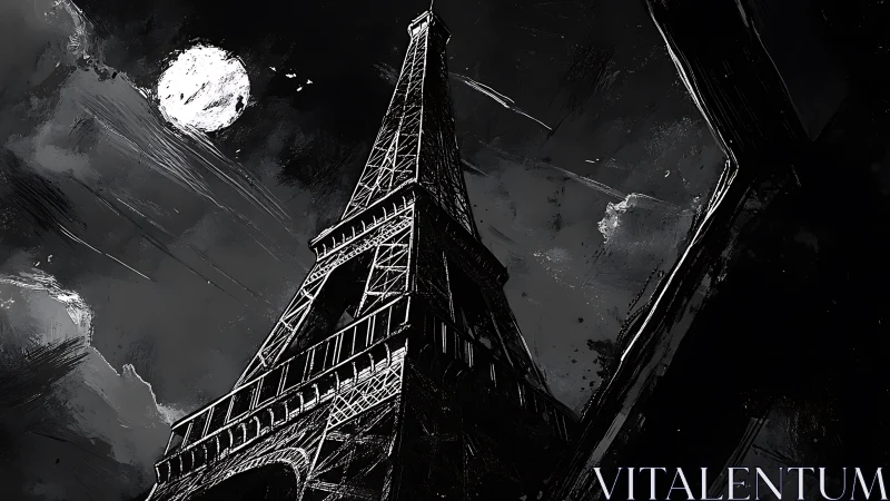 Moonlit Eiffel Tower rising over dramatic Parisian night.