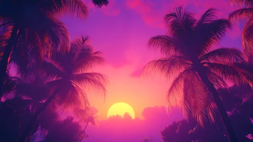 Palm silhouettes against saturated digital sunset sky.