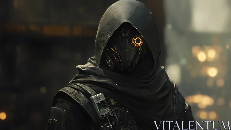 Hooded cybernetic assassin stands in neon-lit urban haze.