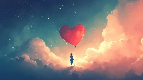 Solitary Soul Ascends With Crimson Heart Balloon Into Ethereal Clouds