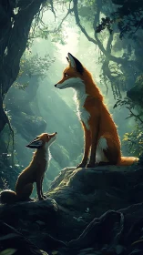 Two foxes stand on mossy rocks in a dense forest scene