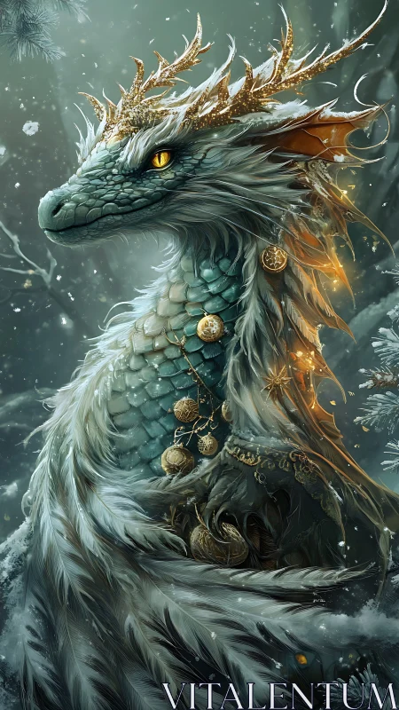 Regal winter dragon gazes softly through swirling snow