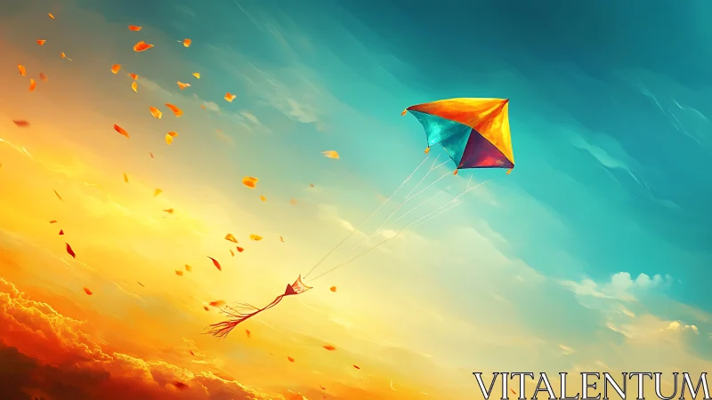 Colorful kite in vibrant sunset sky with drifting leaves.