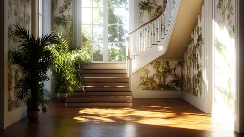 Sunlit staircase nook wrapped in greenery and gentle warmth.