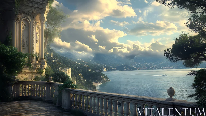 Neoclassical terrace overlooking sunlit coastal mountainscape.