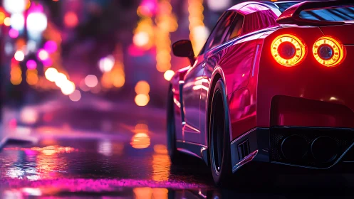Rear-lit performance coupe in neon-soaked wet boulevard nightscape.