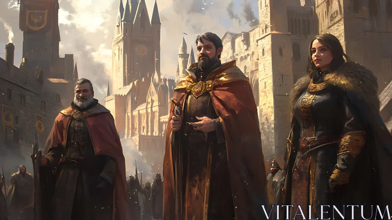 Medieval council in ornate cloaks surveys fortified cathedral city