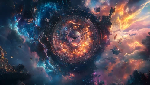 Stellar clockwork swirling through a cosmic sunrise sky.