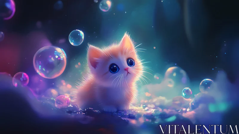 Luminescent Kitten Surrounded by Ethereal Bubbles.