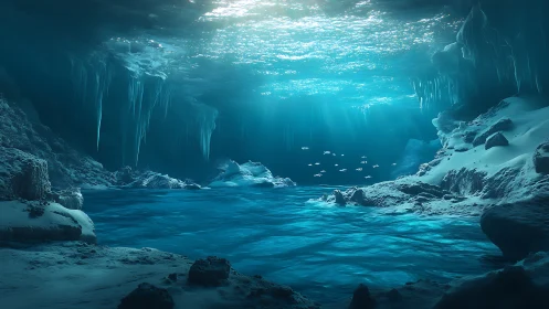 Gentle blue glow inside a hidden underwater ice cavern.
