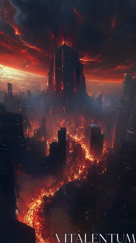 Vertical cityscape shows volcanic tower and molten river