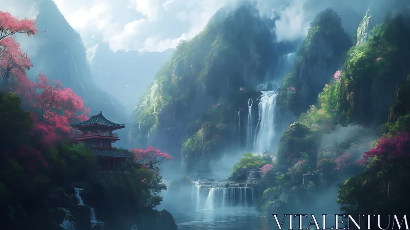 Misty mountains cradle a tranquil temple by cascading falls.