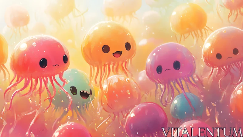 Bubble-bright jelly squad drifts through pastel sunrise seas.