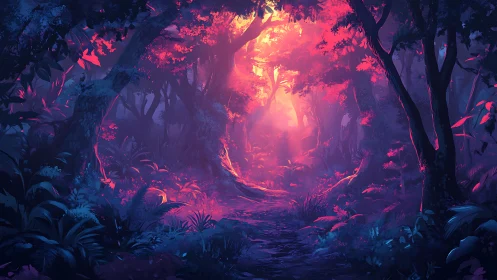 Neon Forest Glow Path Through Woodland Silhouettes.