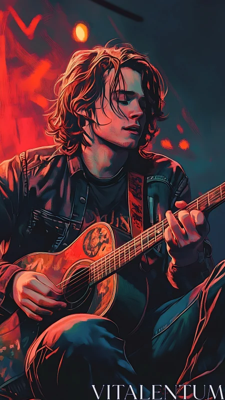 Guitarist lost in sound under neon red stage lights.