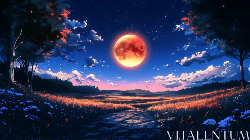 Blood moon drifts above a twilight meadow of quiet embers