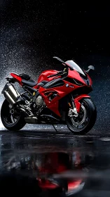 Red BMW sport motorcycle on wet reflective night street.