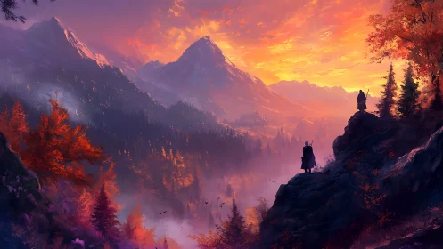 Sunset light defines layered mountains and distant figures