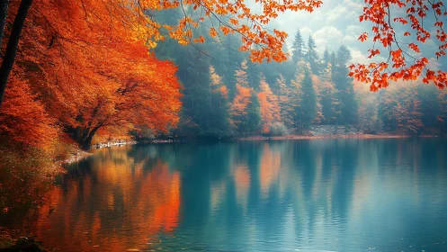 Quiet autumn lakeside wrapped in glowing fiery foliage.