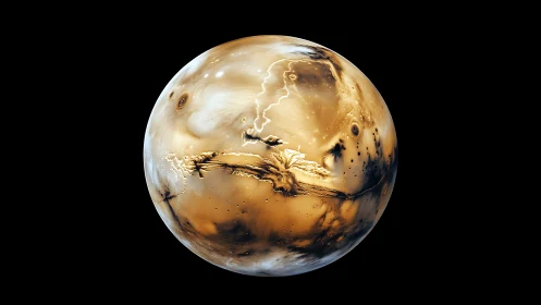 Amber storm planet swirling with molten canyons and lightning.