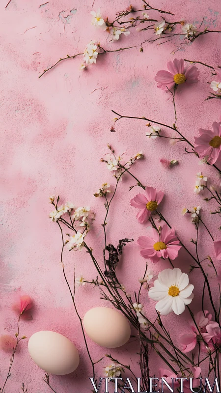 Spring eggs and cosmos blooms on a rosy pastel dreamscape.