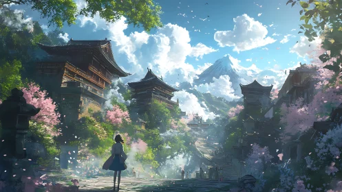 Mountain temple path unfolds under cherry blossom skies.