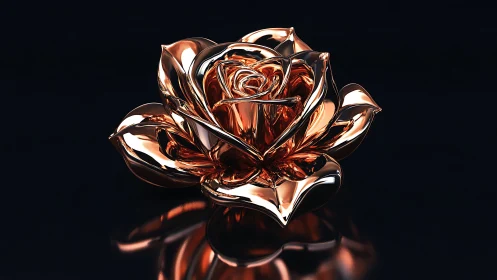 Polished metallic rose sculpture reflects warm studio light