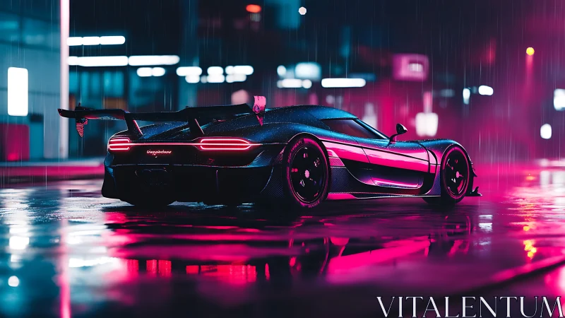 Hypercar in neon rain with reflective cyberpunk street lighting.