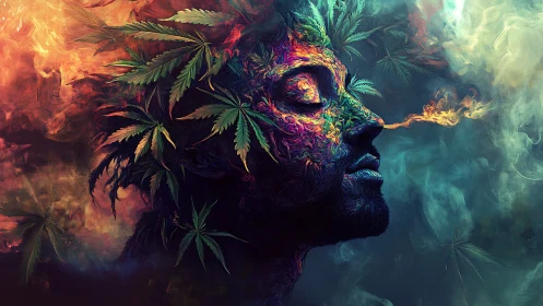Psychedelic smoke spirit crowned with burning cannabis leaves.