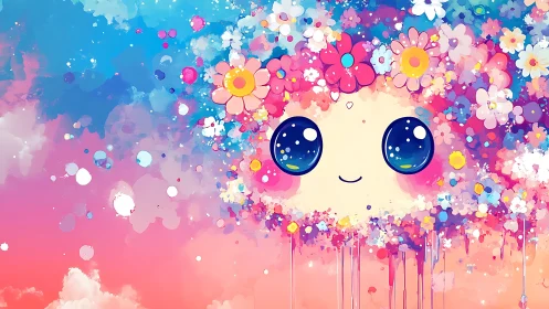 Kawaii floral face glows in dreamy pastel cosmic clouds
