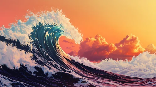 Large curling ocean wave under vivid sunset sky period.