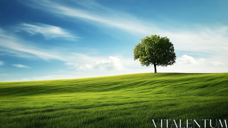 Solitary deciduous tree on windswept green hill under cirrus sky