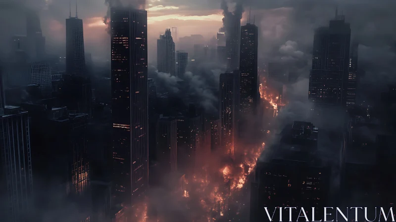 Burning highrise city skyline collapses into dense storm smoke