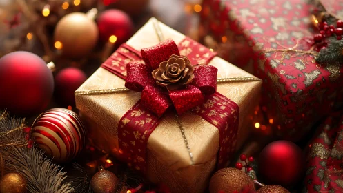 Gold Christmas gift box with red bow and ornaments.