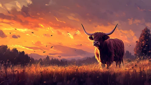 Sunlit longhorn cattle in painterly sunset meadow environment